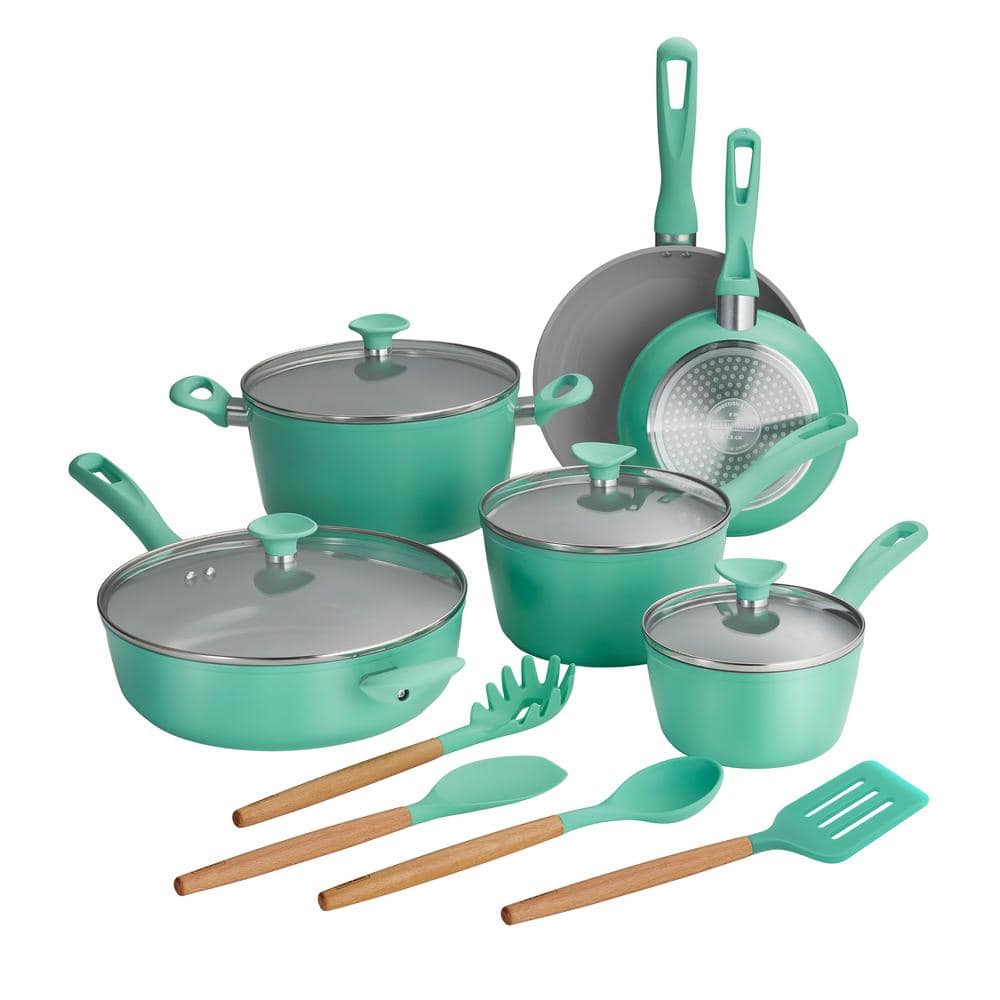 14-Piece Ceramic Cookware Set in Teal - Hercitys