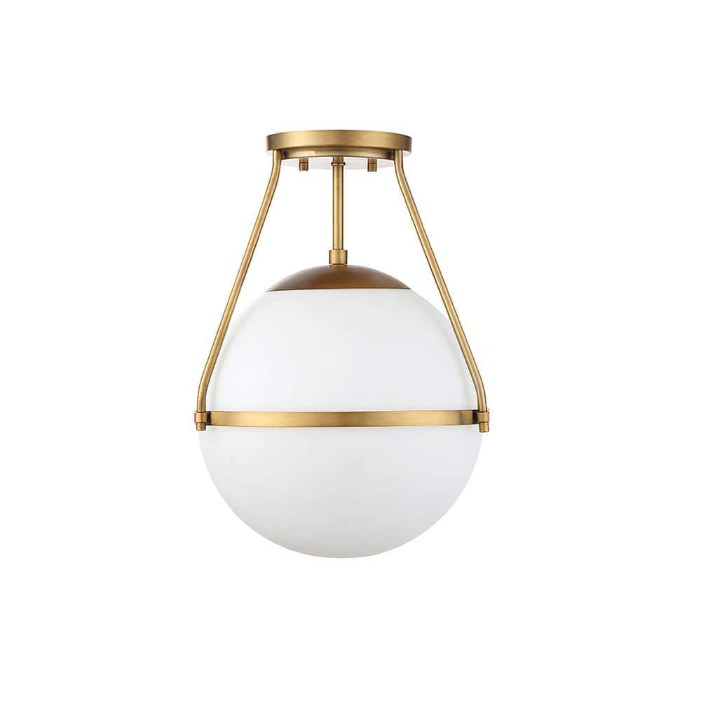 13 in. W x 17.25 in. H 1-Light Natural Brass Semi-Flush Mount Ceiling Light with Opal Glass Shade - Hercitys