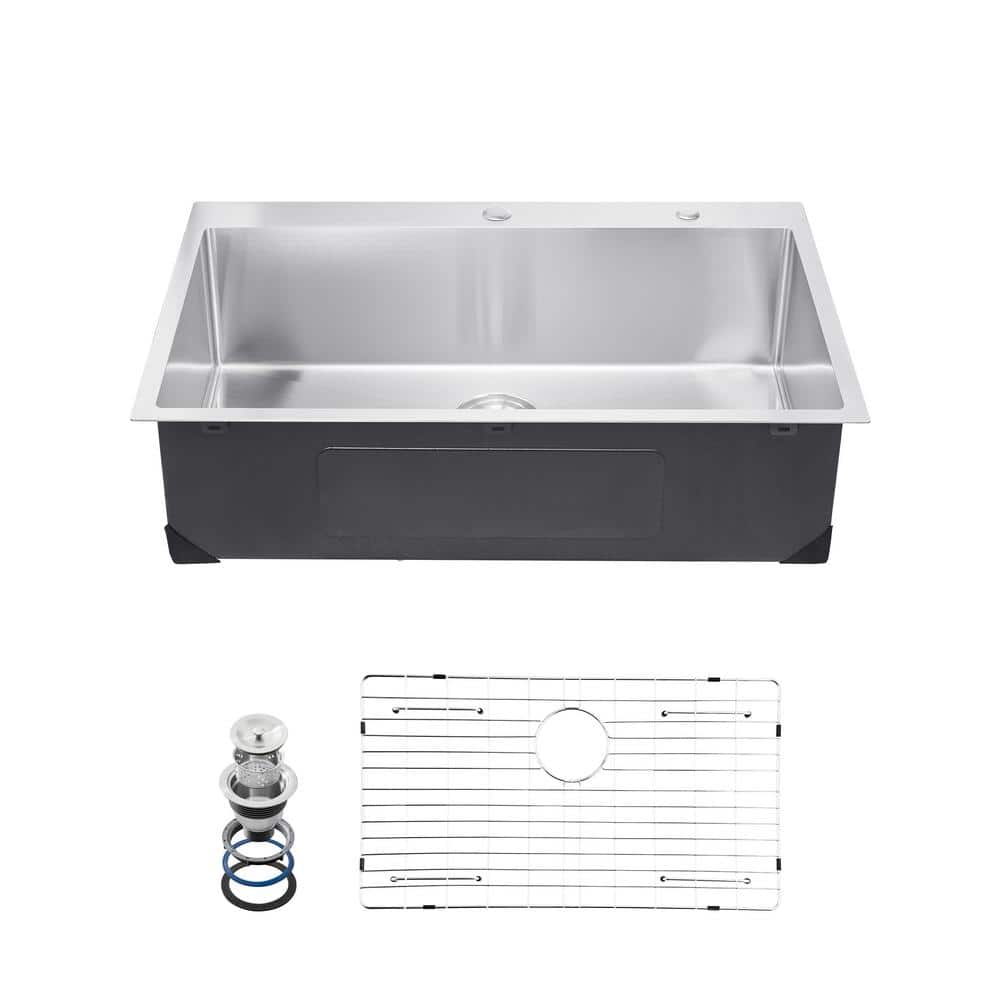 33 in. Kitchen Sink Workstation, 304 Stainless Steel Top Mount Sinks, Drop-In Single Bowl Farmhouse Basin - Hercitys