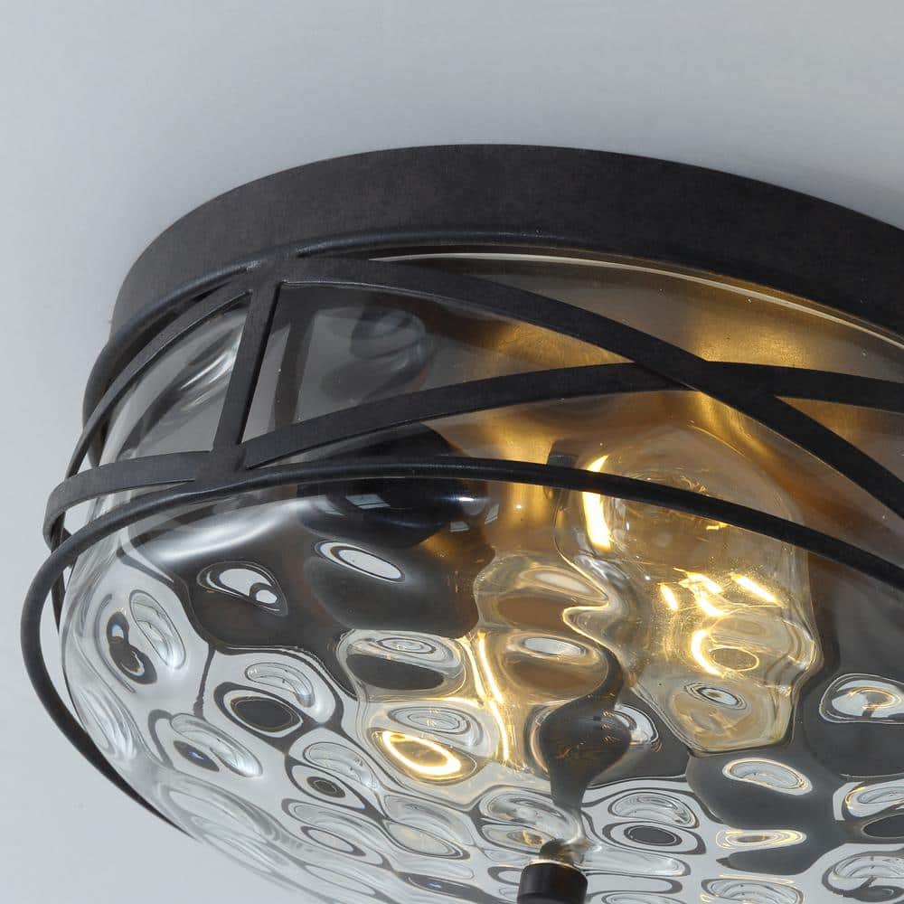 11.4 in. 2-Light Farmhouse Flush Mount Ceiling Light Fixture with Water Ripple Glass Shade - Hercitys