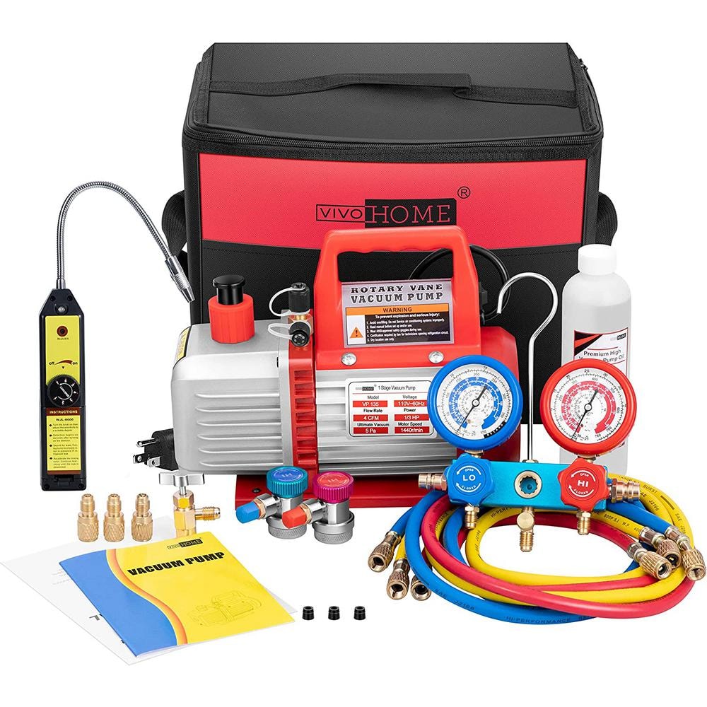 110V 1/3 HP 4CFM Single Stage Rotary Vane Air Vacuum Pump and R134a AC Manifold Gauge Set Kit with Leak Detector in Red - Hercitys