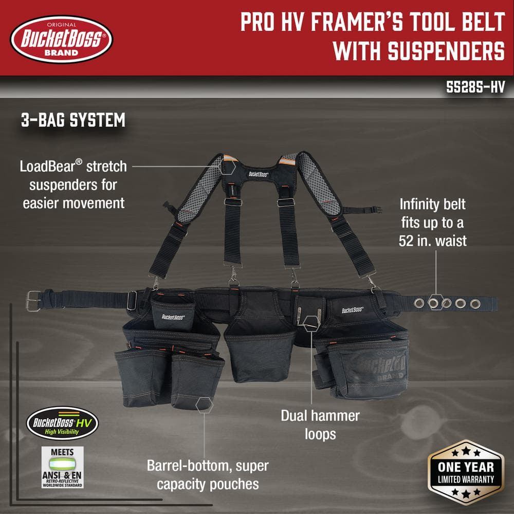 3-Bag 17-Pocket Professional High Visibility Framers Work Tool Belt Tool Storage Suspension Rig with Suspenders in Black - Hercitys