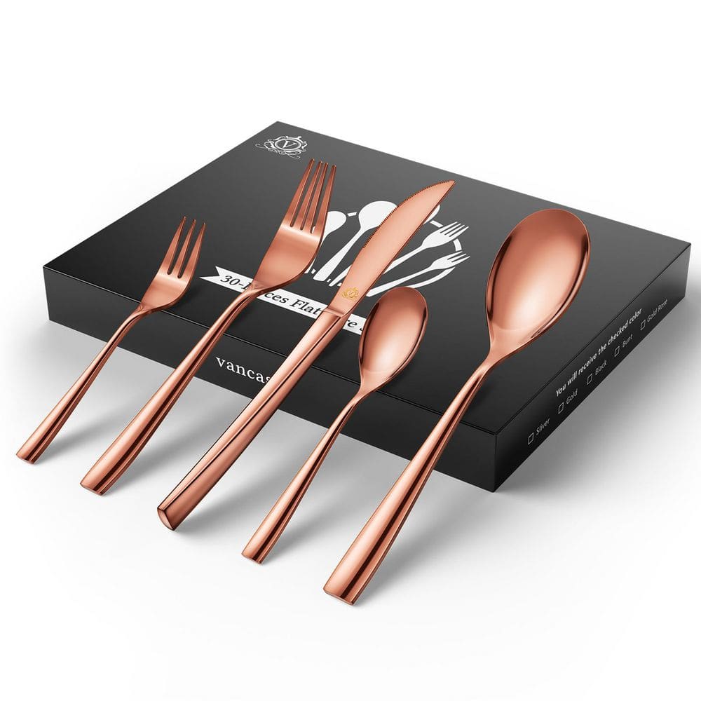 30-Piece Rose Gold Stainless Steel Flatware Set Serving Set Silverware Set Service for 6 - Hercitys