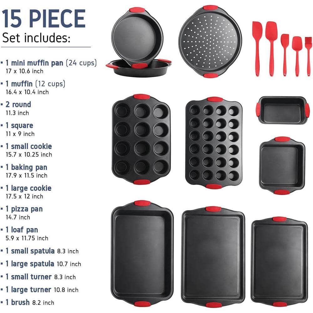 39-Piece Nonstick Black Steel Bakeware Set with Red Utensil and Silicone Handles - Hercitys