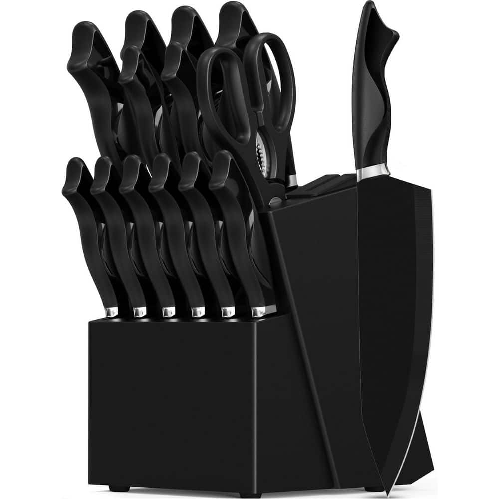 15-Piece German High Carbon Stainless Steel Knife Block Set in Black with Build-in Knife Shapener, Dishwasher Safe - Hercitys