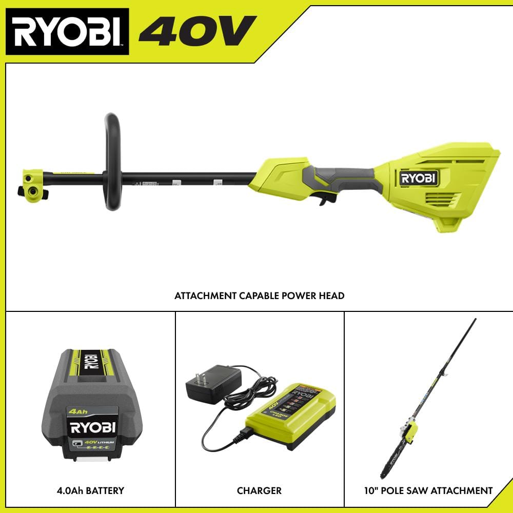 40V Expand-It Cordless Battery Attachment Capable Powerhead Kit & Pole Saw with 4.0 Ah Battery and Charger - Hercitys