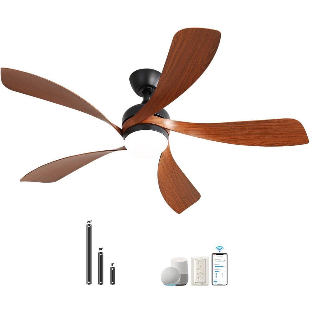 52 In. Indoor/Outdoor Black Smart Downrod Ceiling Fan with Integrated LED and 6 Speed DC Remote APP Control - Hercitys