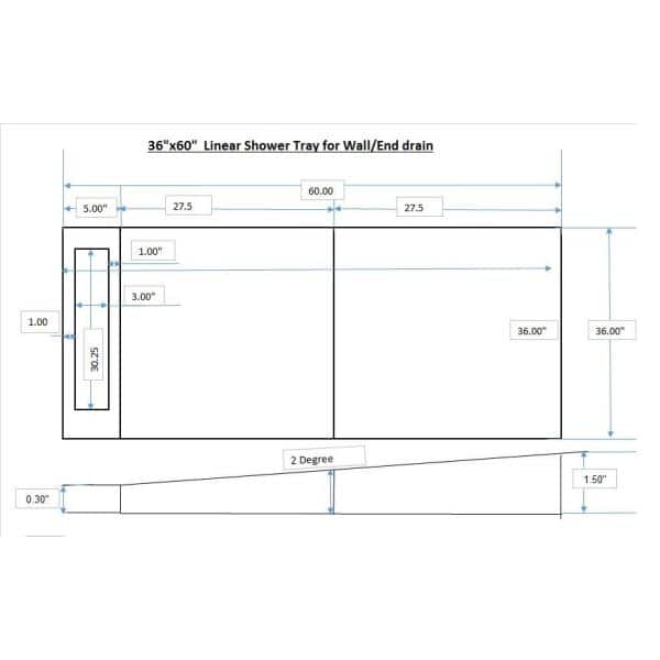 36 in. x 60 in. Linear Shower Tray for Wall/End Drain - Hercitys