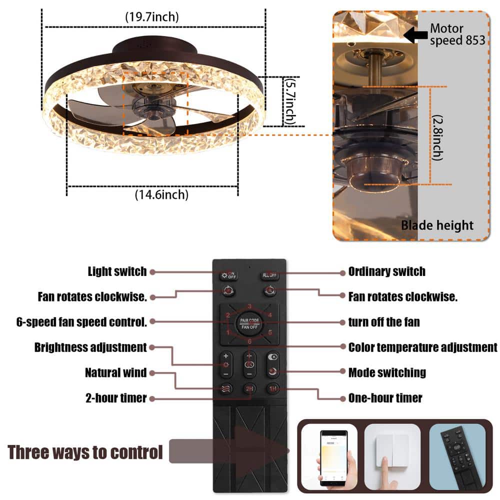 19.7 in. LED Indoor Brown Smart Ceiling Fan with Remote and Reversible Blades - Hercitys