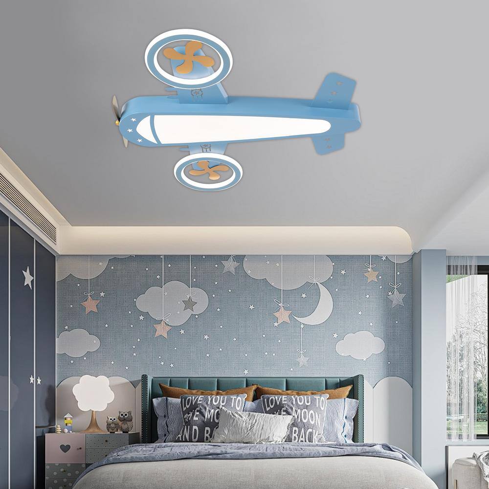 23.62 in. Blue and Gold Creative Airplane-Shaped Dimmable Flush Mount Ceiling Light with Remote and Integrated LED Light - Hercitys