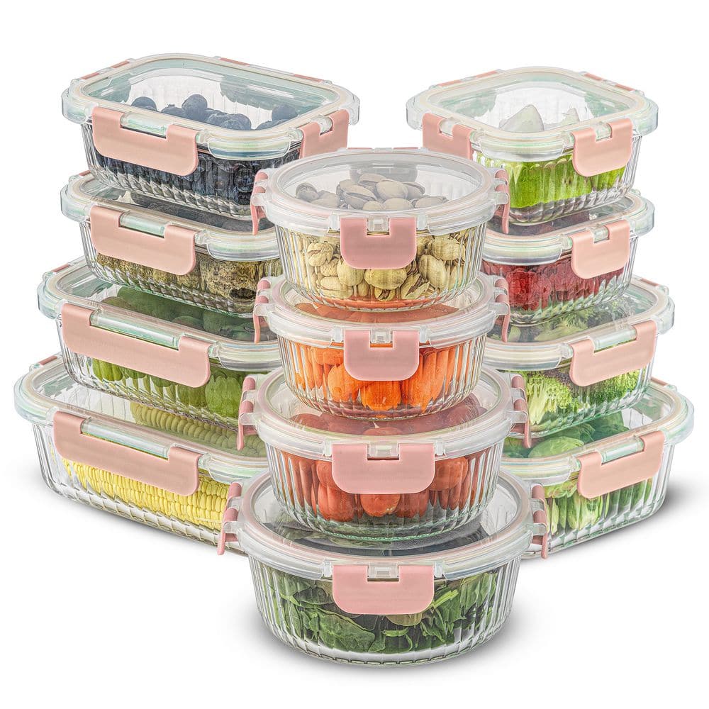 12 Fluted Glass Storage Containers With Leakproof Lids Pink - Hercitys