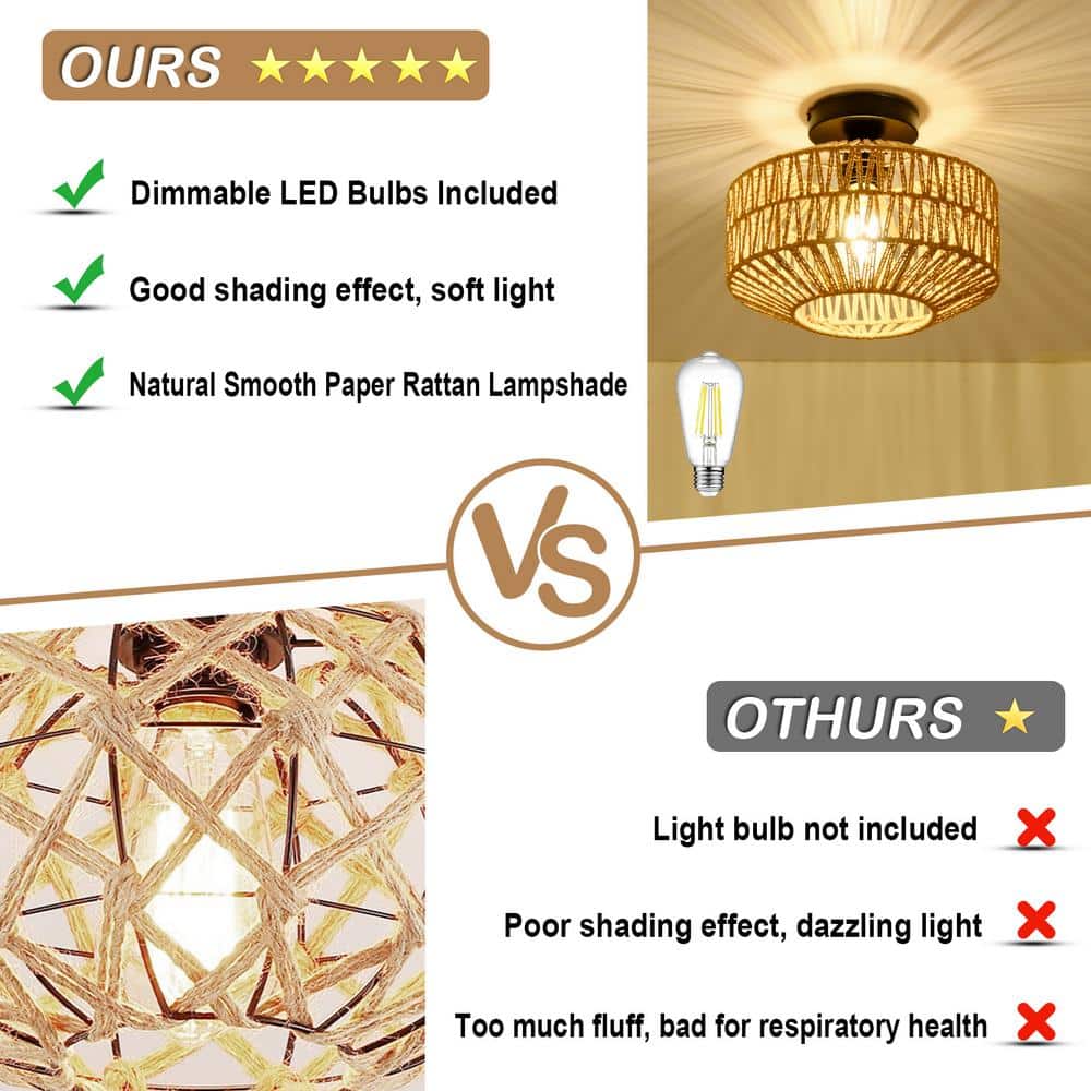 11.8 in. 1-Light Brown Rattan LED Semi-Flush Mount Light with Dimmable LED Bulb - Hercitys