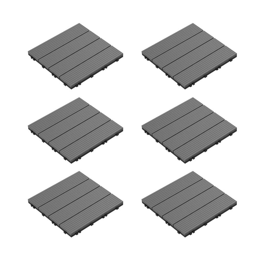 12 in. x 12 in. Outdoor Interlocking Slat Polypropylene Patio and Deck Tile Flooring in Dark Gray (Set of 6) - Hercitys