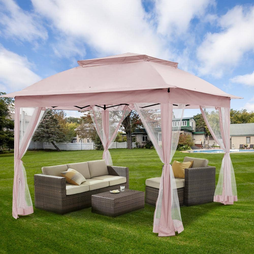 11 ft. x 11 ft. Beige Steel Pop-Up Gazebo with Mosquito Netting - Hercitys