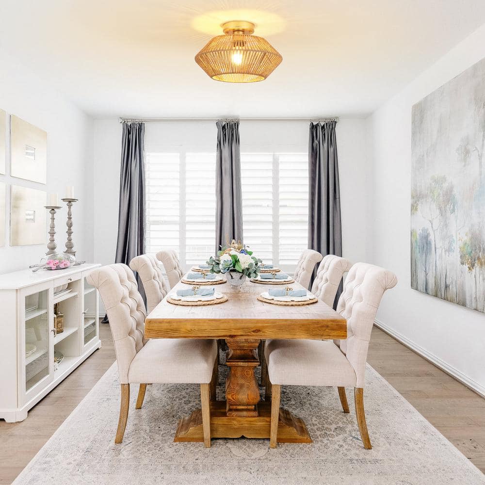 12.6 in. 1-Light Gold and Brown Bohemian Rattan Semi Flush Mount Ceiling Light for Dining Room - Hercitys