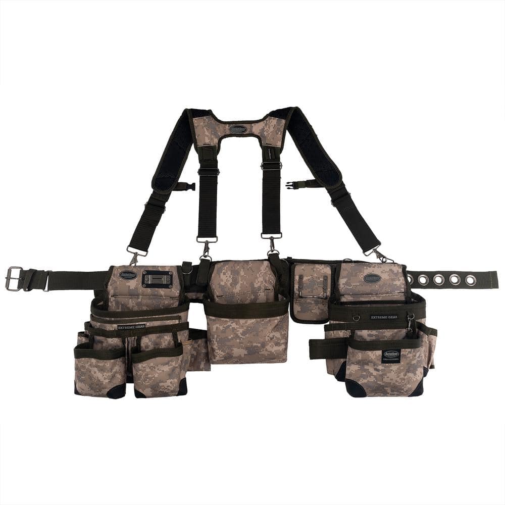 3-Bag Framer’s Suspension Rig Work Tool Belt with Suspenders in Digital Camo - Hercitys