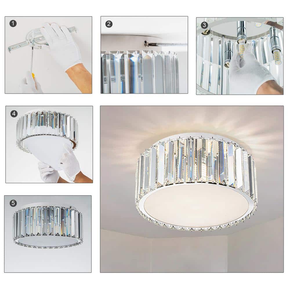 12 in. Modern 5-Light Round Silver Crystal Flush Mount Chandelier Wide - Hercitys
