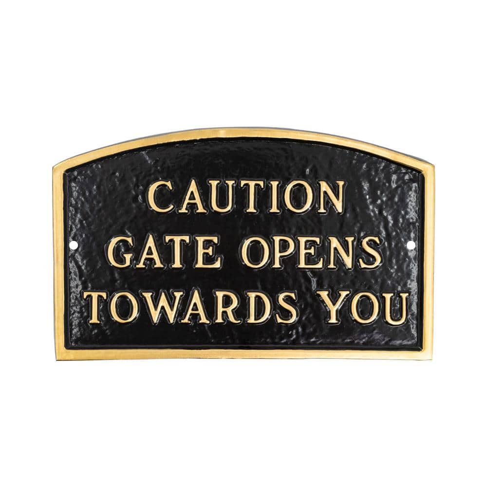 5.5 in. x 9 in. Small Arch Caution Gate Opens Towards You Statement Plaque Sign – Black/Gold - Hercitys