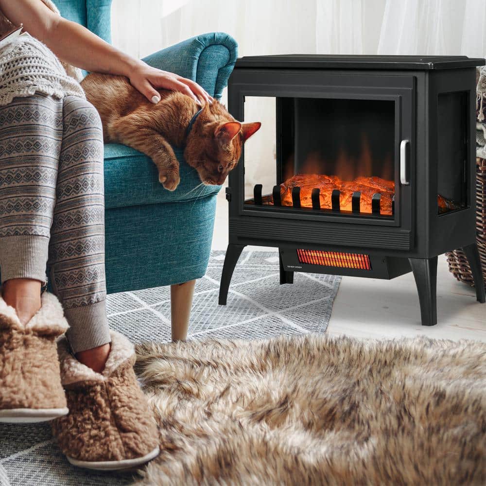 24 in. Infrared Freestanding Electric Fireplace Stove in Black, with Realistic Logs Flame, Overheat Protection - Hercitys