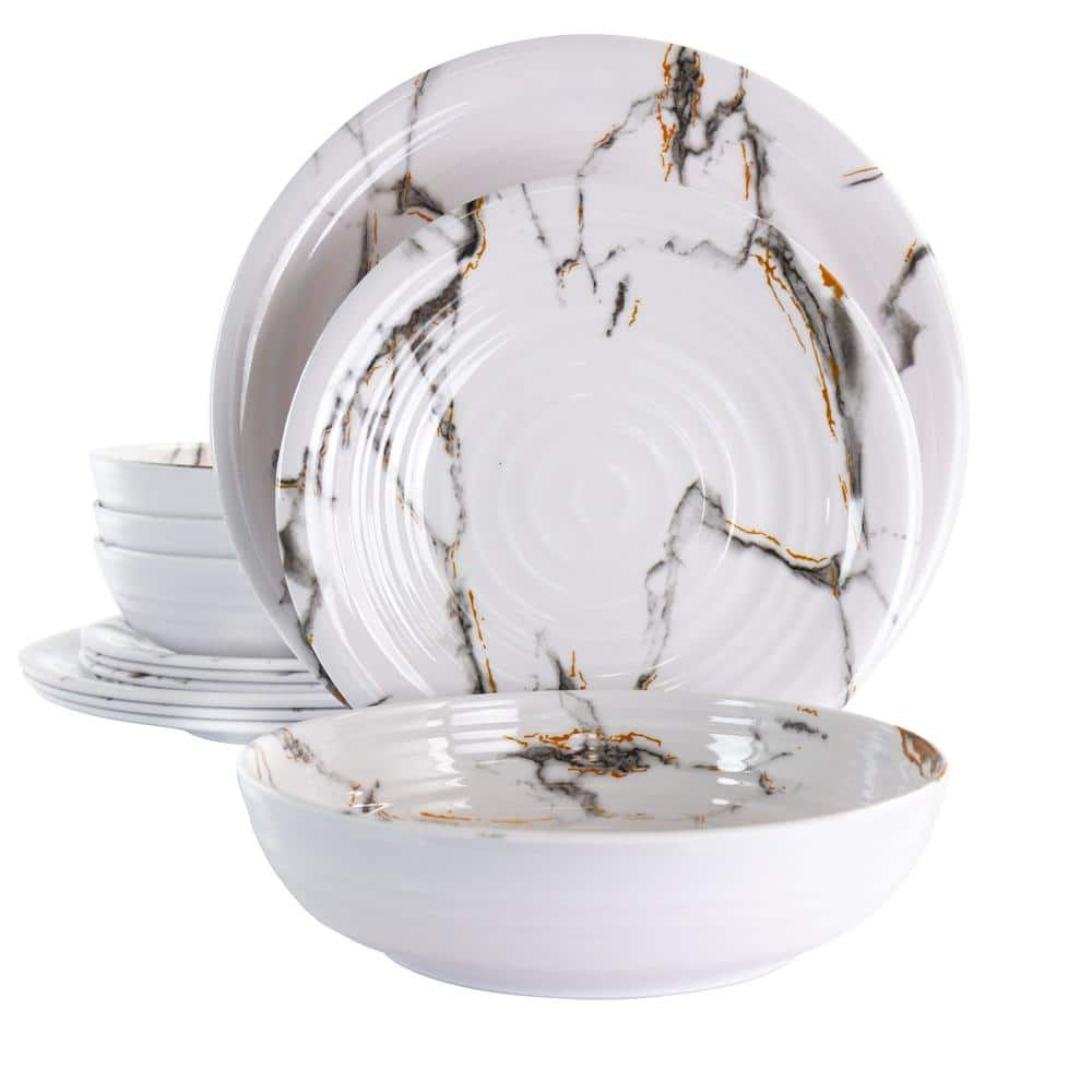 12-Piece Fine Sculpture White Melamine Dinnerware Set (Service for 4) - Hercitys