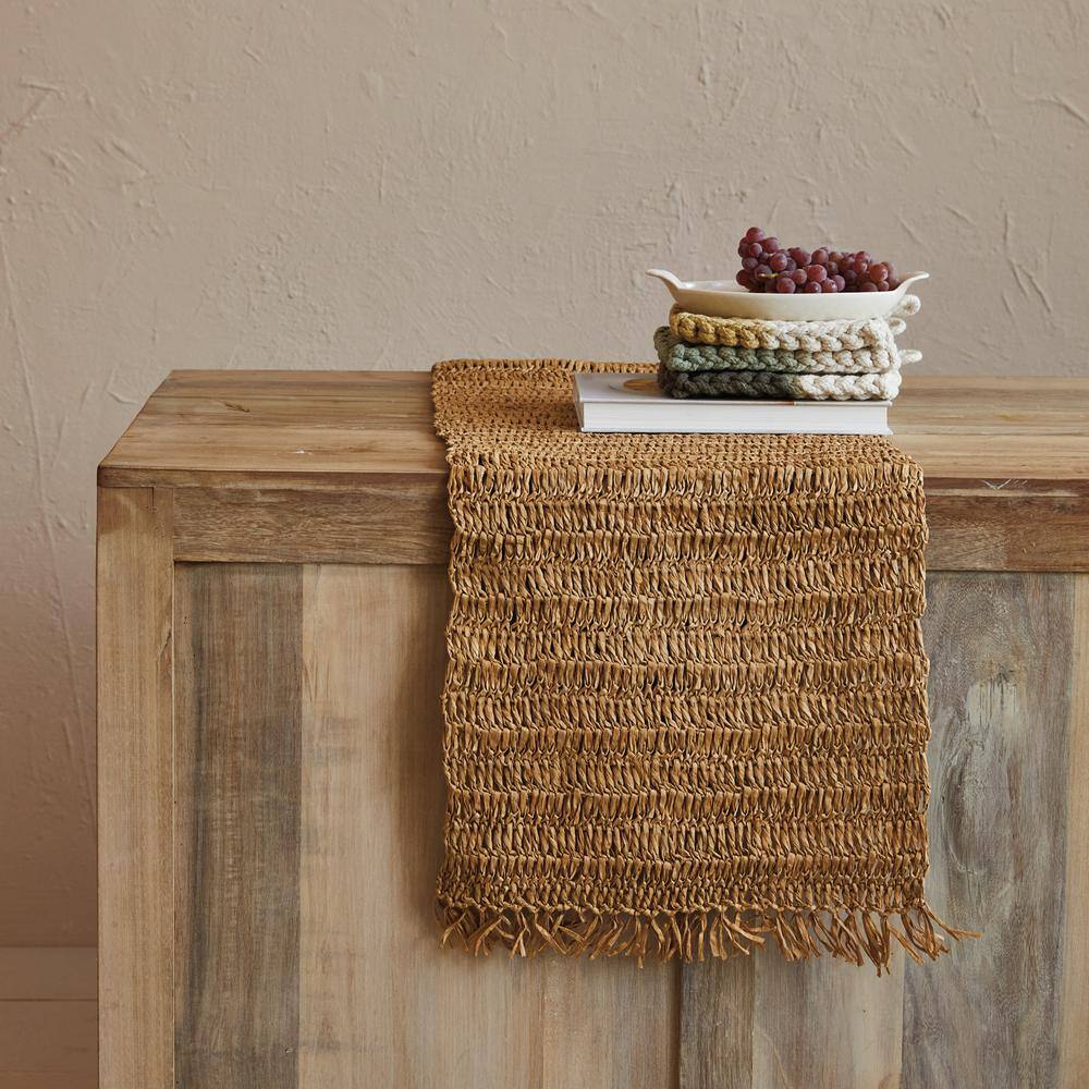 108 in. W x 104 in. L Natural Browns/Tans Solid Woven Raffia Fiber Table Runner with Fringe - Hercitys