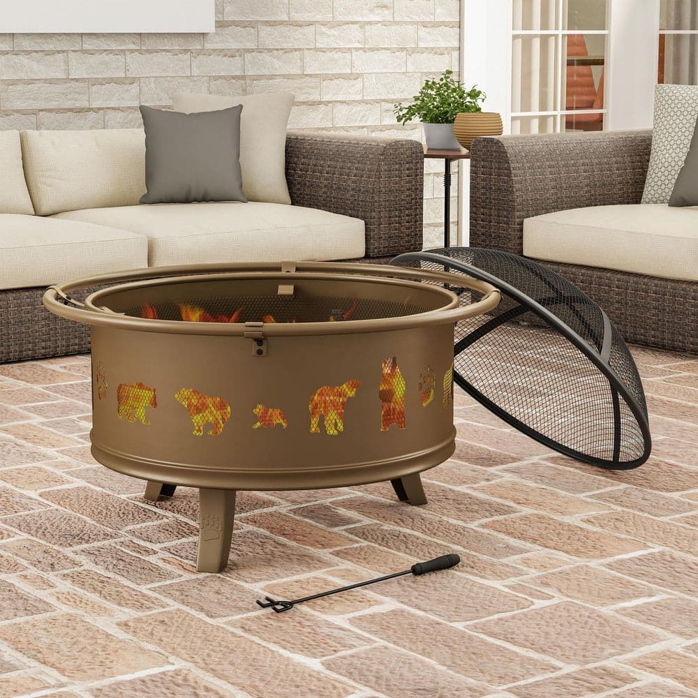 32 in. W x 25 in. H Round Steel Wood Burning Outdoor Deep Fire Pit in Antique Gold with Bear Cutouts - Hercitys