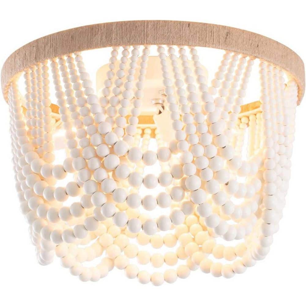 12.6 in. 3-Light Antique Rustic White Flush Mount Bohemia Wood Beaded Ceiling Light Mini Chandelier - Hercitys