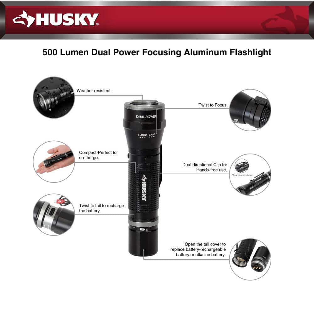 500 Lumens Dual Power Aluminum Flashlight 3.7-Volt 1200 mAh Rechargeable Replacement Battery - Hercitys