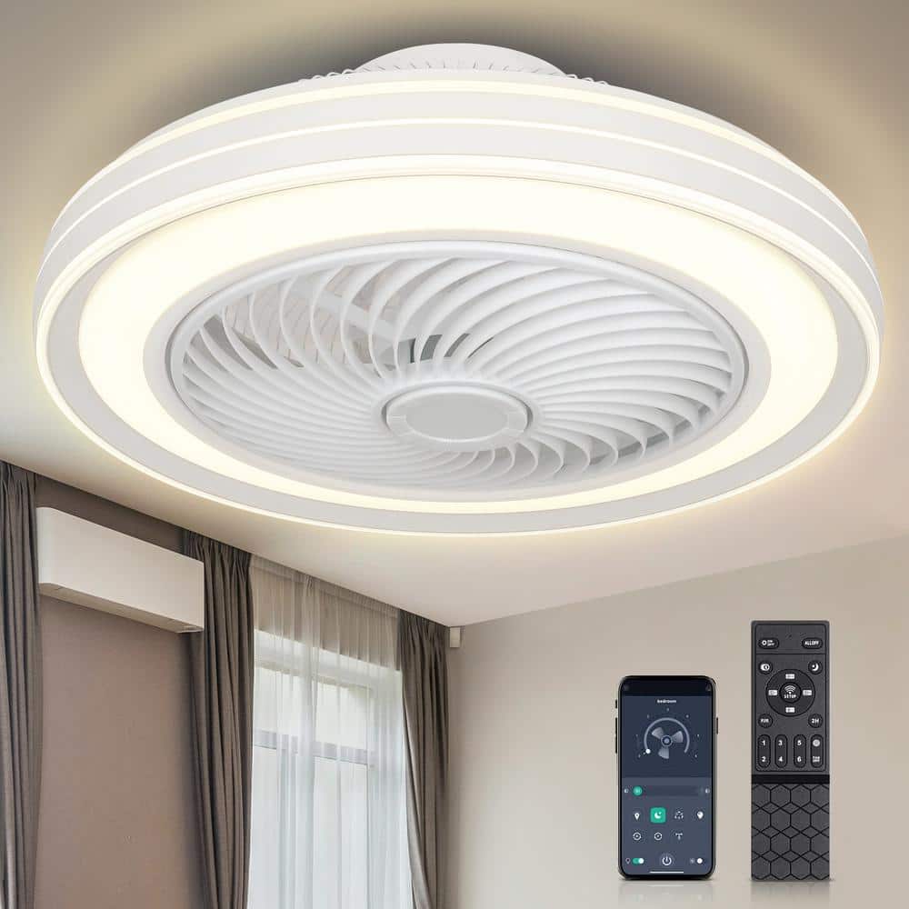 20 in. Indoor White Caged Enclosed Ceiling Fan with LED Light Modern Low Profile Ceiling Fan with Remote and APP Control - Hercitys