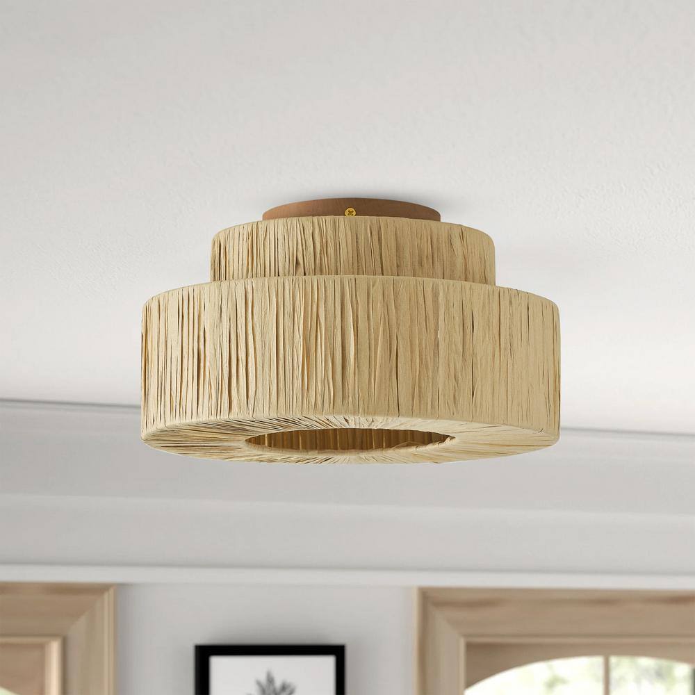 11.02 in. 1-Light Boho Hand Woven Semi-Flush Mount Farmhouse Island Close to Ceiling Light - Hercitys