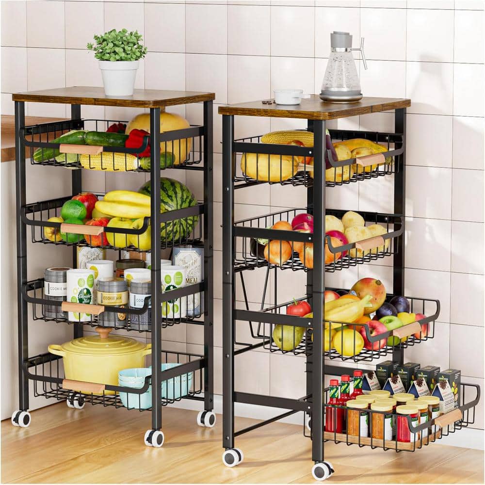 5-Tier Rolling Storage Kitchen Cart with Wheels, Wooden Tabletop and Mesh Baskets in Black - Hercitys