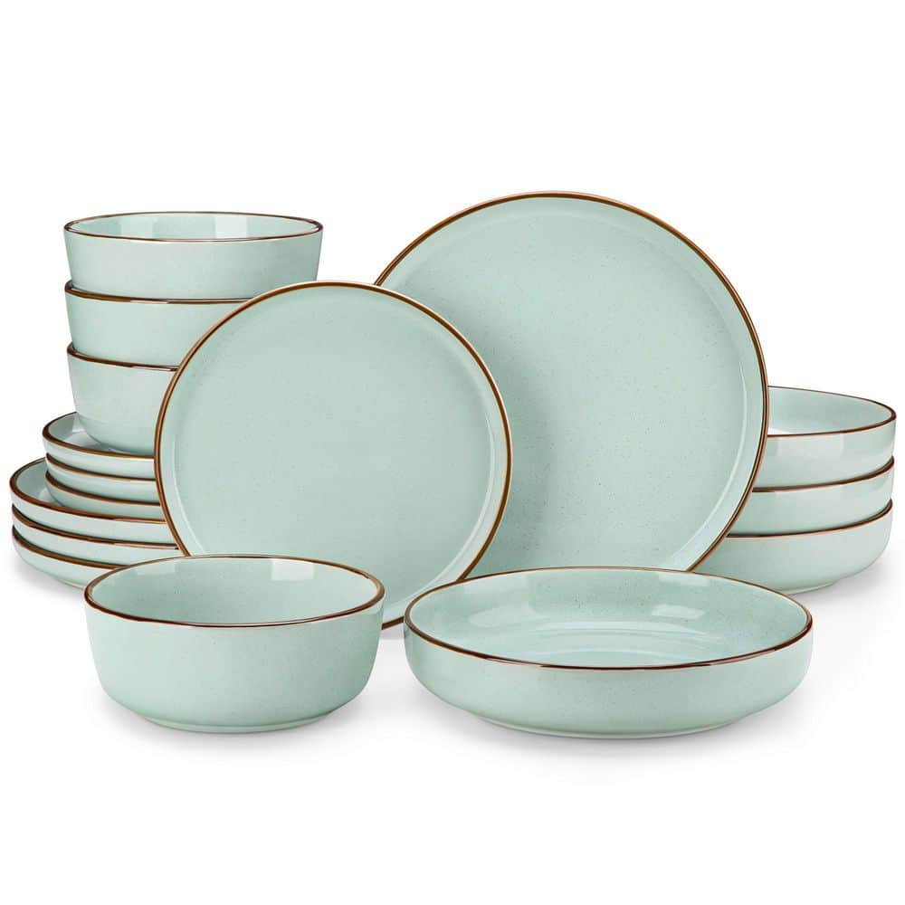 16-Piece Jade Green Stoneware Dinnerware Set (Service for 4) Sesame Speckles Pattern Dinner Set with Plates and Bowls - Hercitys