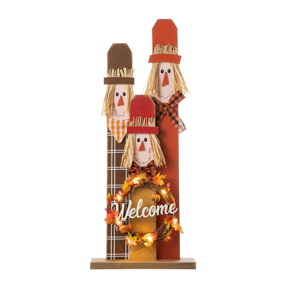 36.25 in. H Lighted Wooden Scarecrow Family Fall Porch Decor with Wreath - Hercitys