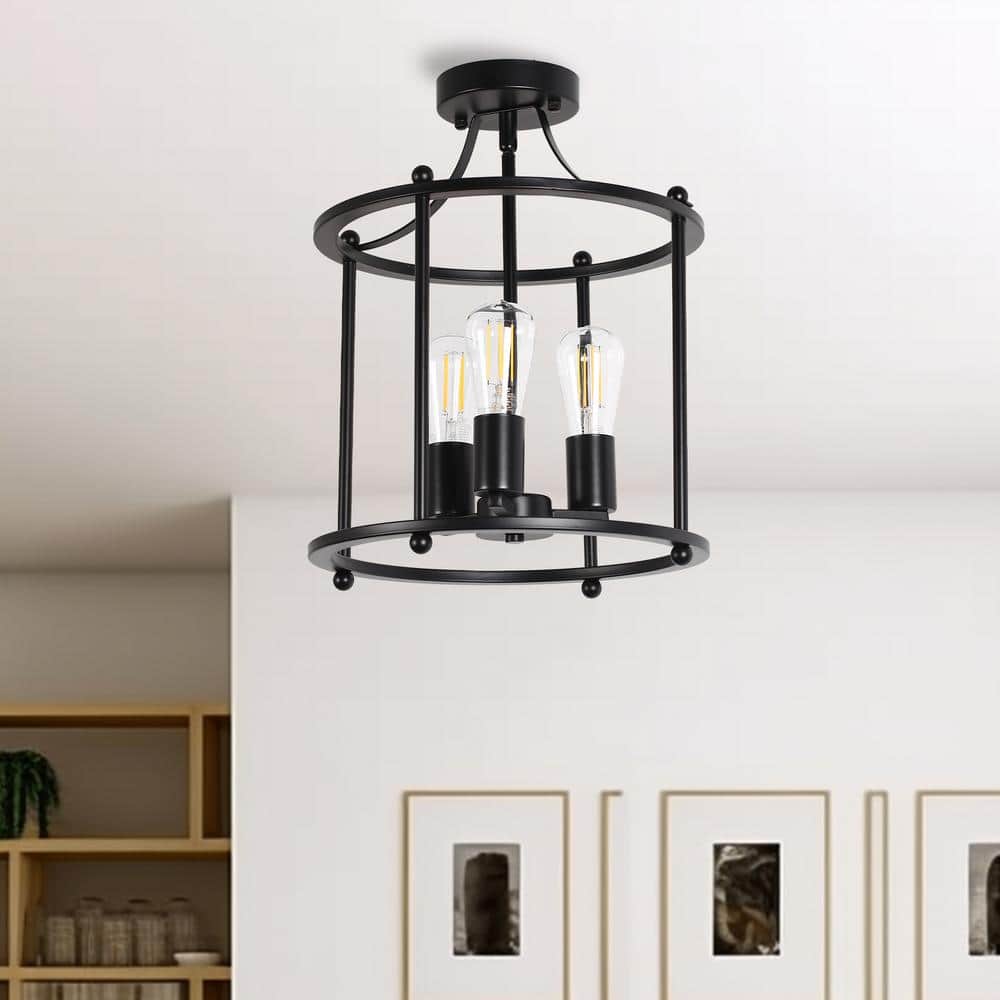 3-Light Black Farmhouse Semi Flush Mount Ceiling Light Fixture, Vintage Ceiling Mount for Dining Room Hallway Entryway - Hercitys