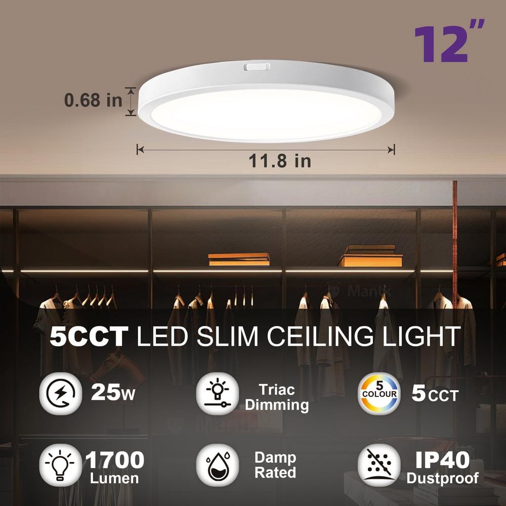 12 in. White New Ultra-Low Profile Integrated LED Flush Mount Ceiling Light 2700K-5000K 5CCT Selectable - Hercitys