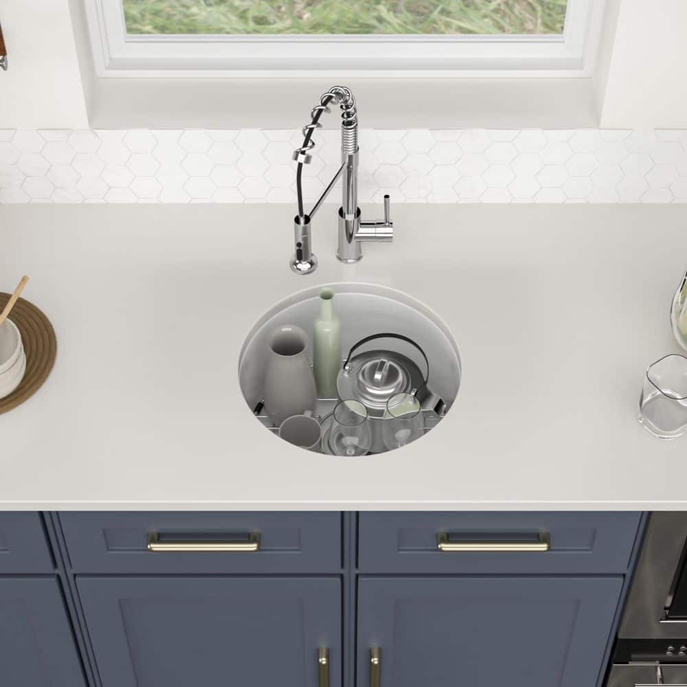 18 in. White Fireclay Round Single Bowl Undermount Drop-in Bar Sink with Grid and Drain - Hercitys