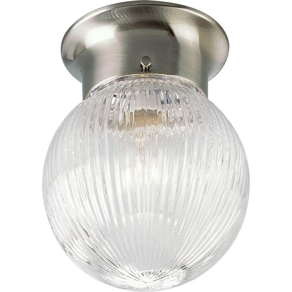 1-Light Brushed Nickel Flushmount with Clear Ribbed Glass Globe - Hercitys