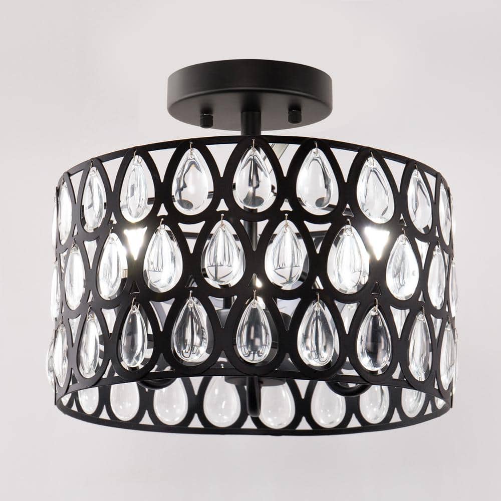 12 in. 3-Light Matte Black Semi-Flush Mount Ceiling Light with Teardrop Crystal Accents, E12 Base, No Bulbs Included - Hercitys
