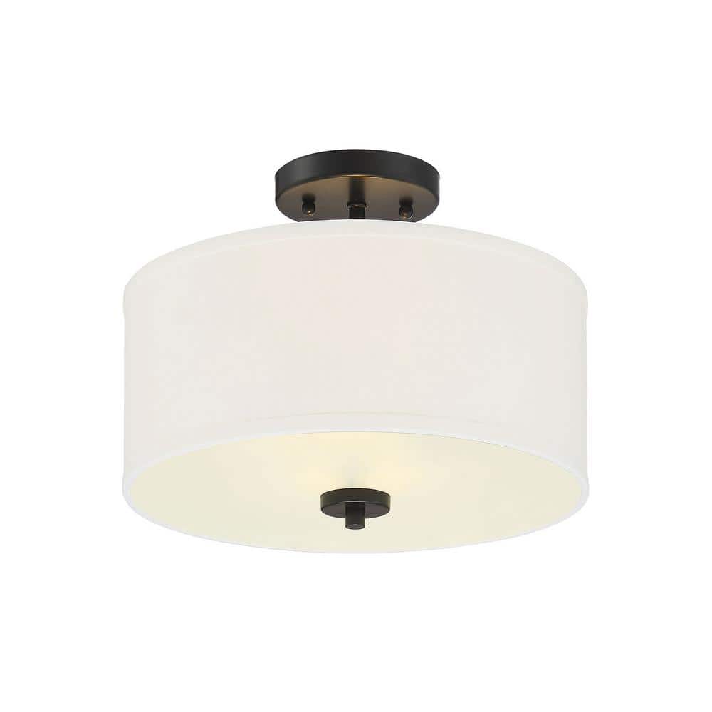 13 in. W x 10 in. H 2-Light Matte Black Semi-Flush Mount Ceiling Light with White Fabric Shade - Hercitys