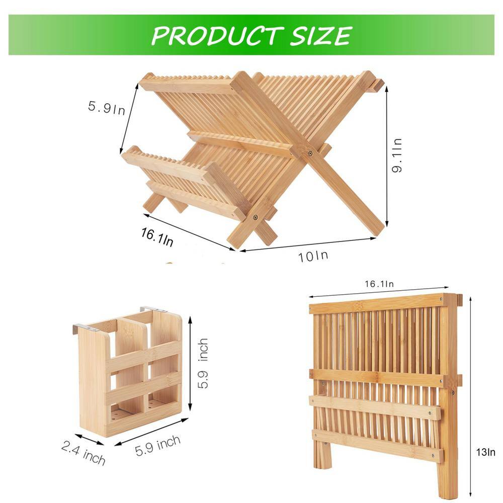 2-Tier Bamboo Dish Drying Rack, Collapsible Small Dish Rack with Utensil Holder for Kitchen Counter - Hercitys