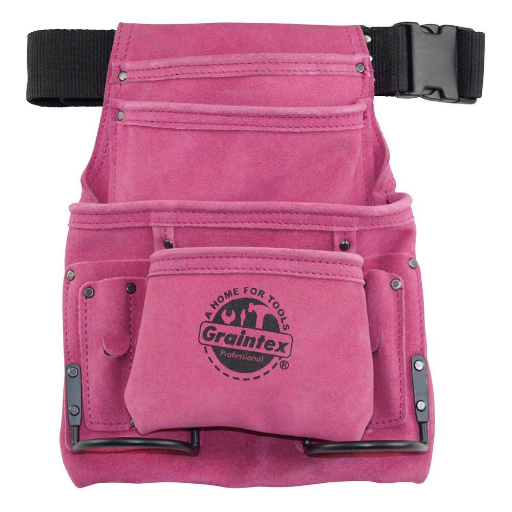 10-Pocket Suede Leather Nail and Tool Pouch with Belt in Pink - Hercitys