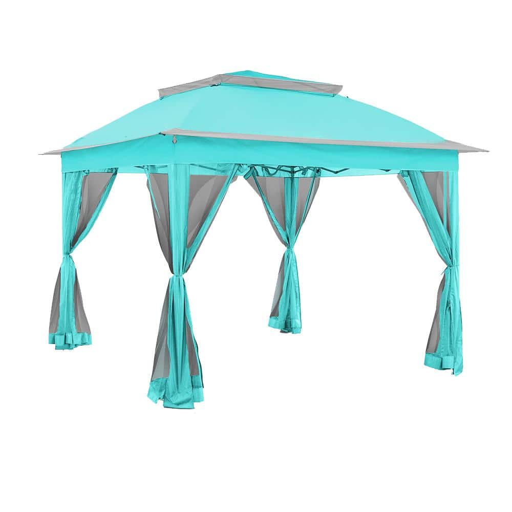 11 ft. x 11 ft. Aqua Blue Canopy Gazebo with Sidewalls, Mosquito Netting for Lawn, Backyard, Patio - Hercitys