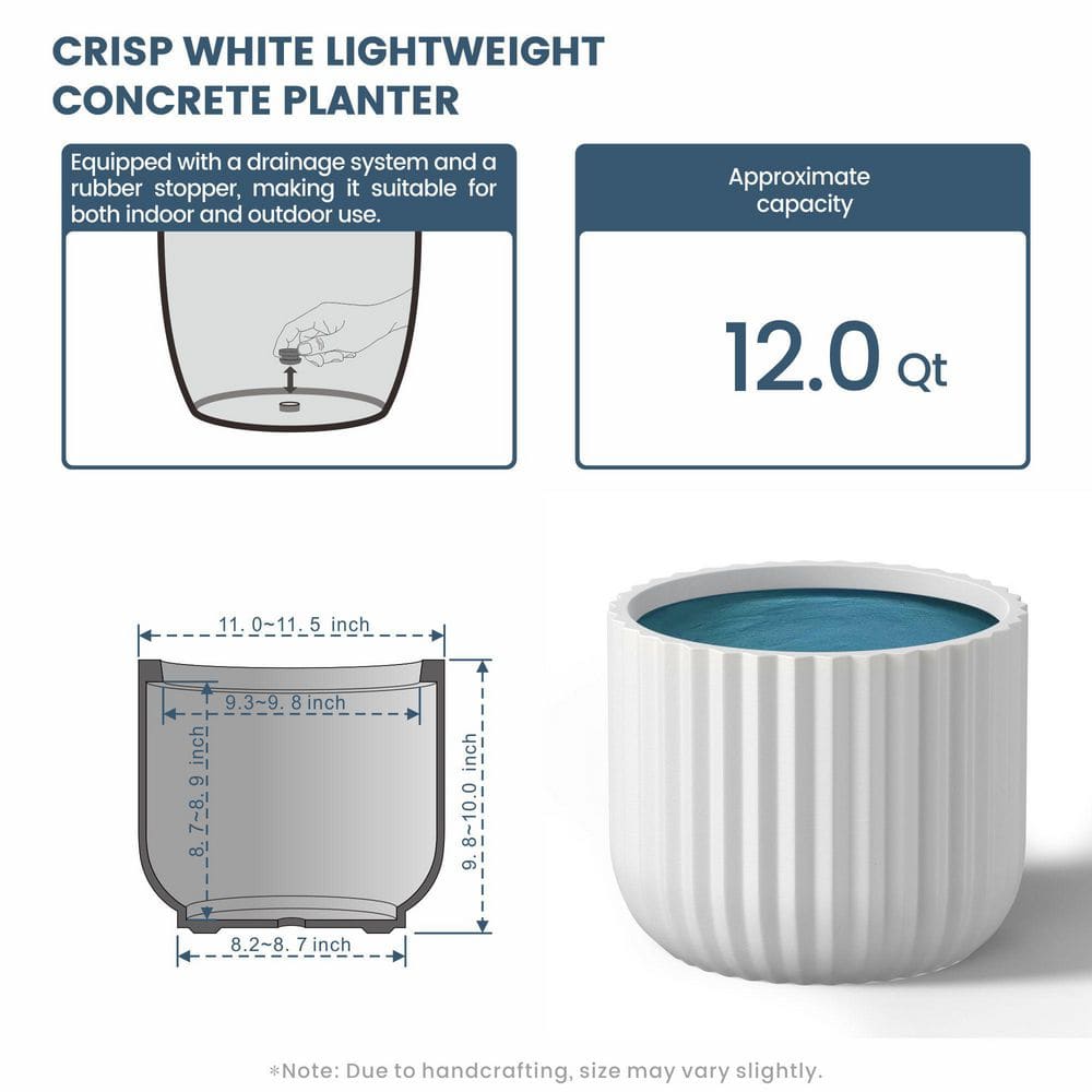 11.5 in. Medium Crisp White(Premium Inner) Concrete Round Planter / Pot with Drainage Holes - Hercitys