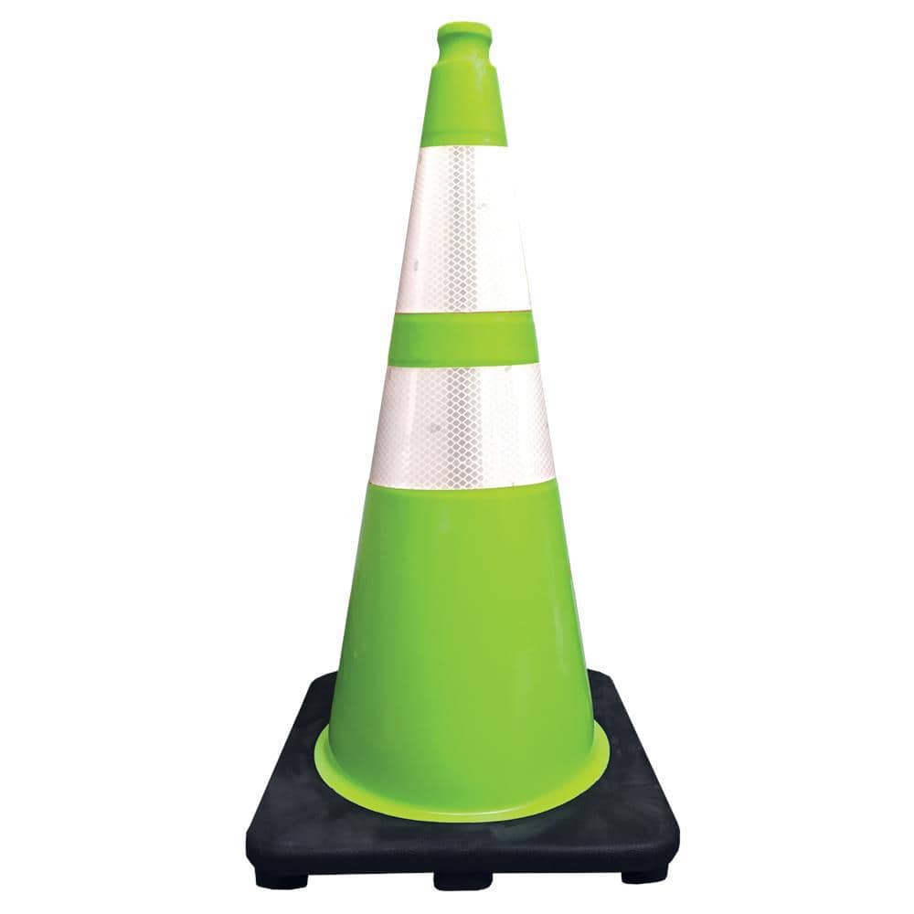 28 in. Lime Green Traffic Cone with Black Base and 4 in. and 6 in. Reflective Collars 7 lbs. - Hercitys