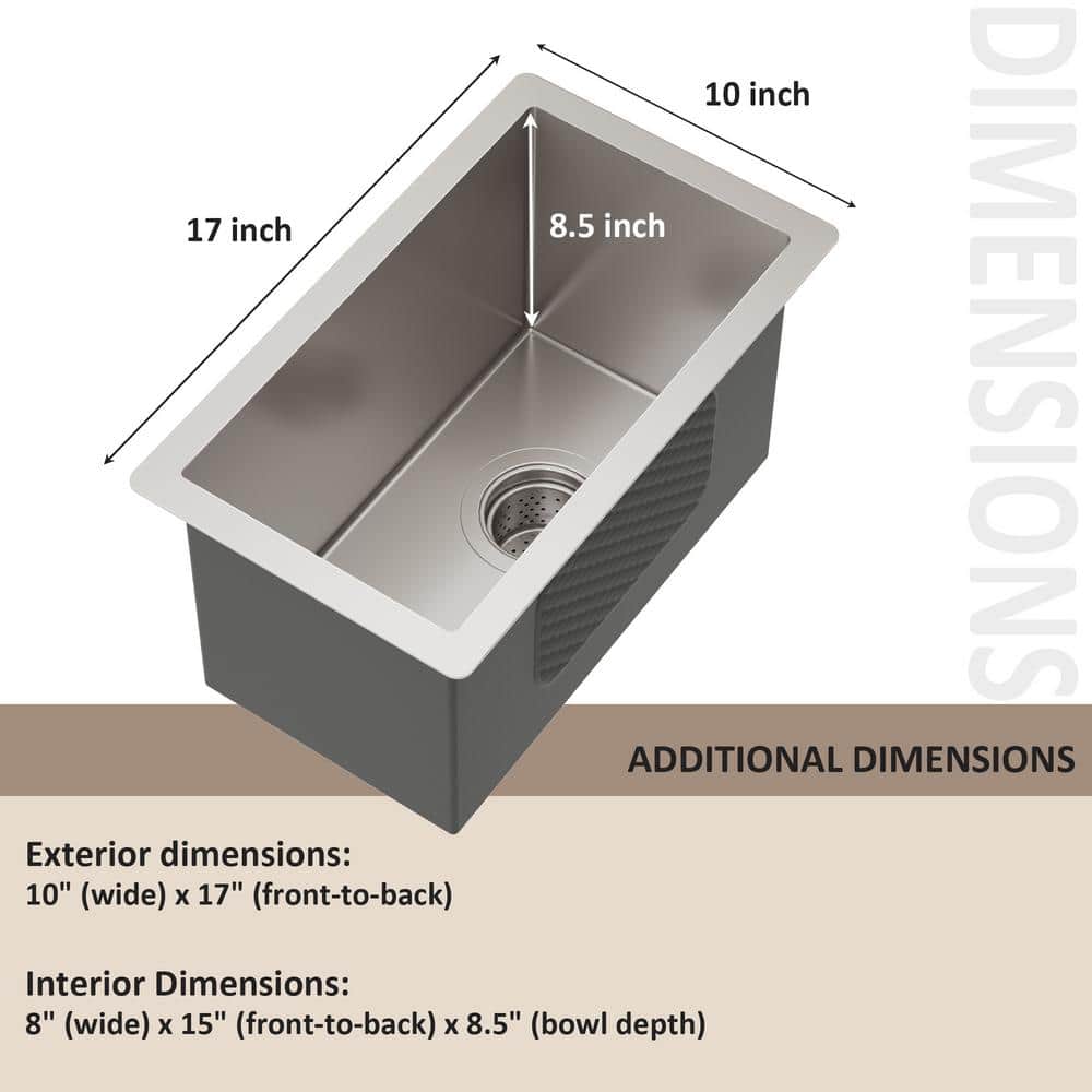 17 in. x 10 in. Undermount Stainless Steel Kitchen Bar Sink with 16 Gauge Single Bowl in Silver - Hercitys