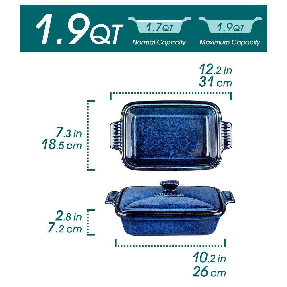 1-Piece Rectangle Stoneware Casserole Dish Set with Lid Baking Tray Lasagna Pan Pie Dish Blue Bakeware 1.9 qt. - Hercitys