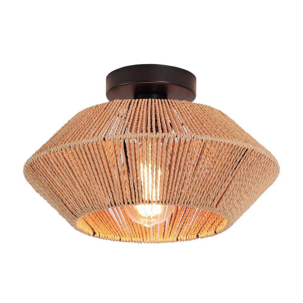 13 in. 1-Light Rustic Brown Cage Rattan Semi-Flush Mount for Bedroom Aisle Entryway - Hercitys