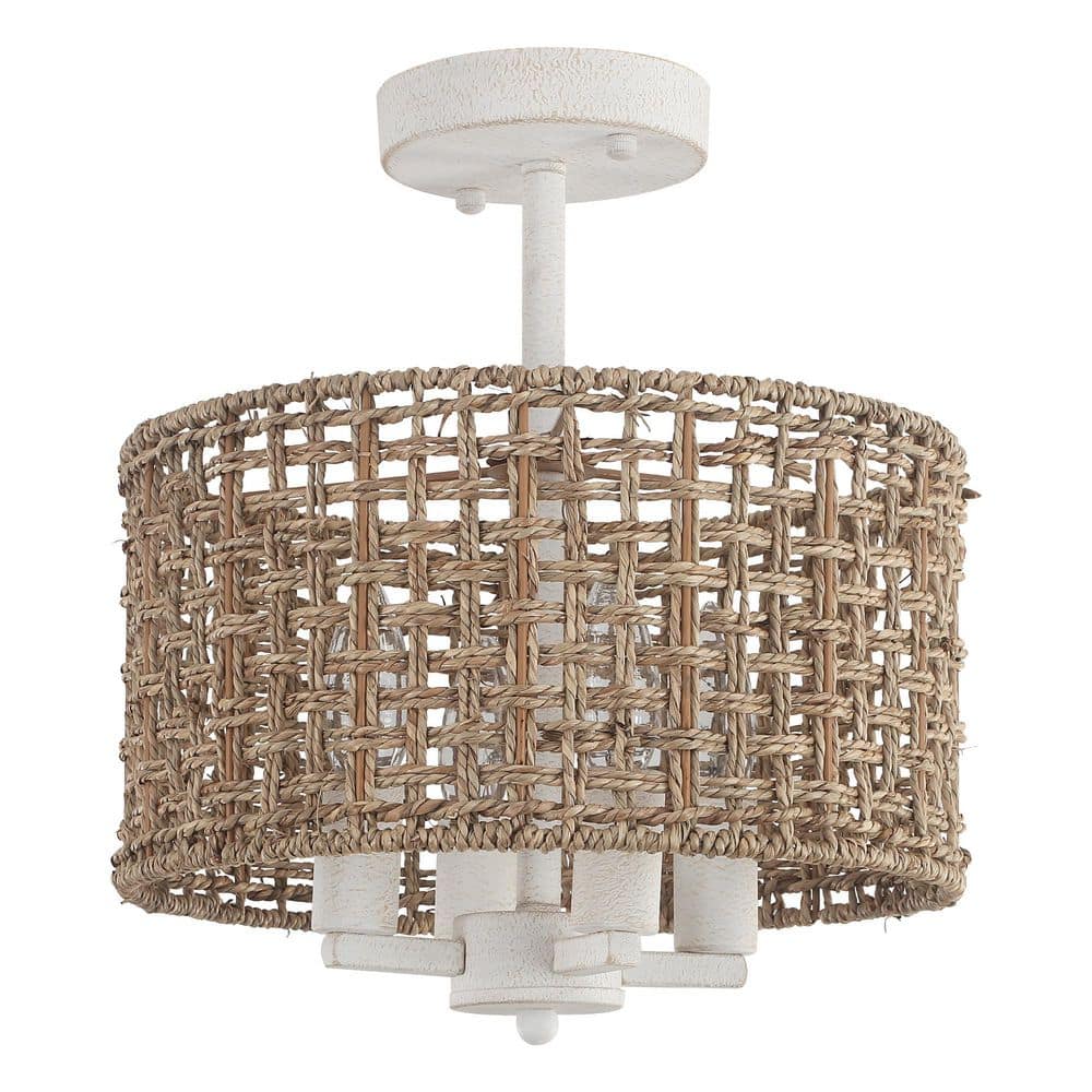 11.8 in. 4-Light Vintage White/Clay Brown Round Drum Semi-Flush Mount with Wicker Craft and No Bulbs Included - Hercitys