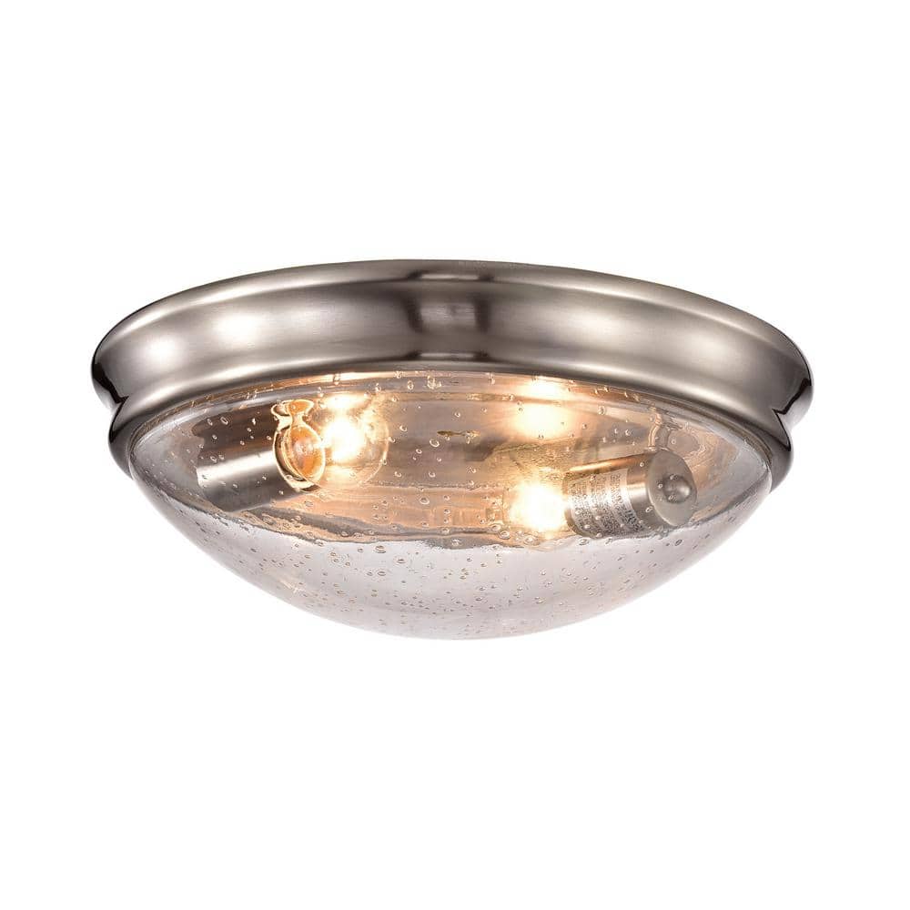 13 in. 2-Light Brushed Nickel Modern Flush Mount with Seeded Glass Shade - Hercitys