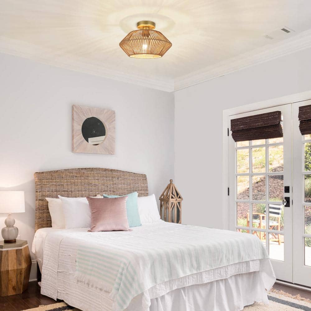 1-Light Gold Canopy Bohemian Rattan Semi Flush Mount Ceiling Light for Dining Room Foyer Entrance Kitchen Bedroom - Hercitys